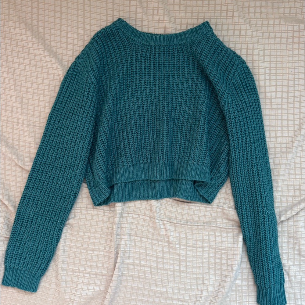Full Tilt Blue and Green Chunky Knit Crew Neck Sweater